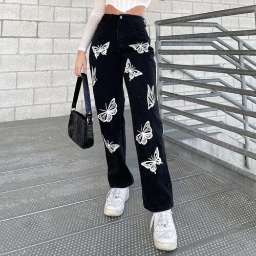 High Waist Jeans Woman 2021 New Butterfly Printing Wide Leg Female Pants Straight Loose Black Jeans Pants Fashion Cotton Trouser