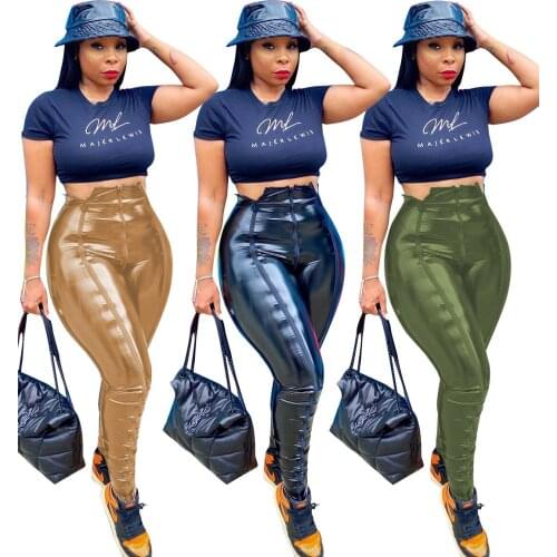 In stock Women Sexy skinny PU Leather Pants Fashion Leather Stacked Pants Womens Straight-Leg Leather Pants Women Sexy