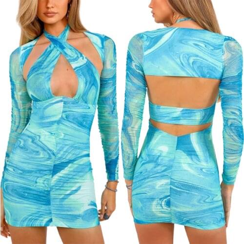 Women Ripple Print Cross Halter Pleated Dress Summer Hollow-Out Skinny Dresses Ripple Long Sleeves Backless Tight Dress