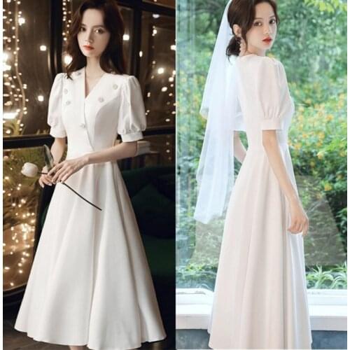 T-Length Wedding Dress Short Sleeve V-Neck Pearls Brides Dresses Women Elegant Plus Size A-Line Marriage Formal Vestidos Wedding