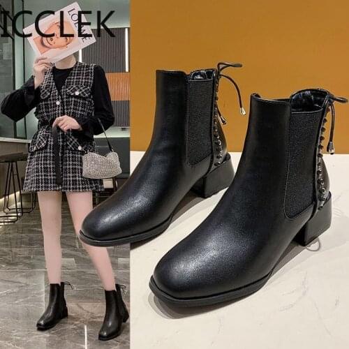 2020 Square-heeled Womens Boots Fashion Ankle Boots Womens Shoes Lace Up Cheap High-heeled Boots Womens Boots