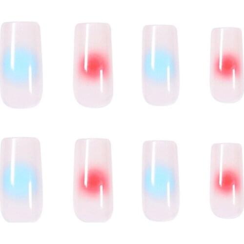 24pcs Blue Pink Fake Nail Patch Glue Type Removable Long Paragraph Fashion Manicure False Save Time Nails Patch SANA889