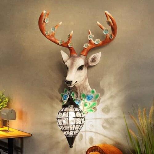 American Country Deer Horn Wall Lamp Living Room Dining Room Background Bedside Individual Creat Deer Head Crystal Wall Lamp