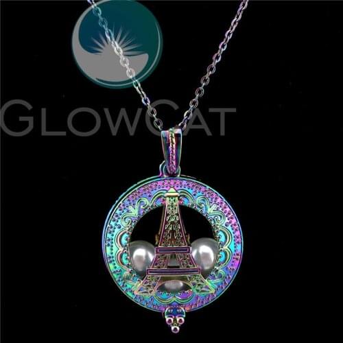 C829 Rainbow Color Eiffel Tower Flower Design Beads Cage Perfume Essential Oil Diffuser Oyster Pearl Cage Locket Necklace