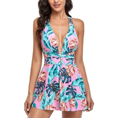 Women Sexy Deep V Neck Patchwork Bathing Suit Dress Bikini Push-Up Pad Swimwear Swimsuit Beachwear Dropshipping