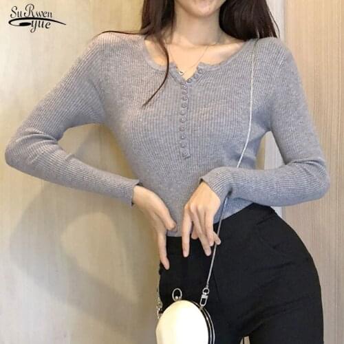 Autumn Winter Jumper Ladys Single Breasted Women Full Sleeve Button V-Neck Sweater New Knitted Basic Elasticity Pullovers 10305