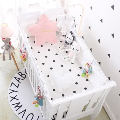 5pcs white dot Baby Bed Safety Protection Infant Crib Bedding Set Cotton Toddler Whashable , 4bumper+sheet
