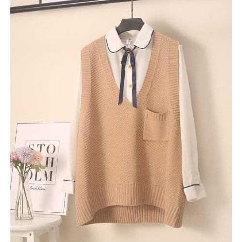 Fashion Korean Women Vest Sweater Knitwear Loose Casual Sweater Waistcoat Pocket Spring Autumn Sleeveless Outside Top TT0030
