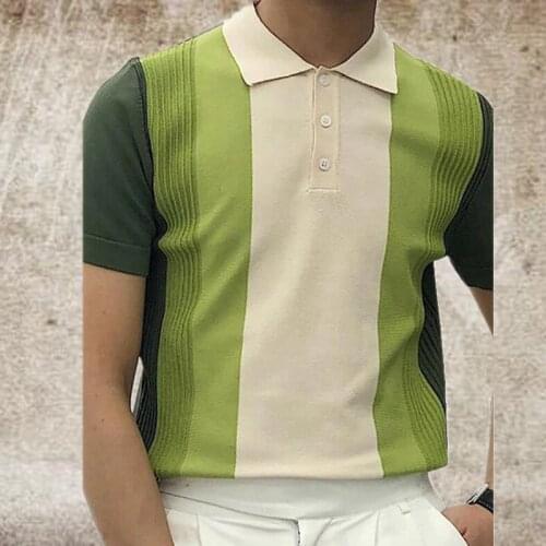 Men Casual Button Lapel Pullover Summer Fashion Men Short Sleeve Slim Polo ShirtVintage Pattern Print Patchwork Knit Polo Shirt