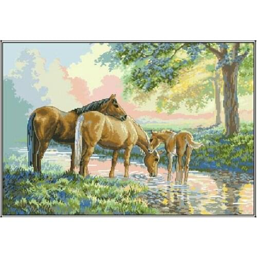 COTTON High Quality counted cross stitch kit horses by a stream horse family three horses Dim 35174