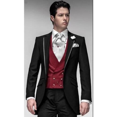 New Arrival Customized Black Notch Lapel Groom Suit Wedding Best Man Tuxedo 3 Pieces Jacket+Pants+Burgundy Vest Formal Men Suits