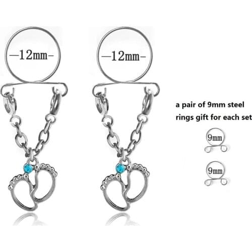 2pcs Nipple Piercing Lady Body Pierced Jewelry Foot Shape Pendant Pendant Chain Sexy Fashion Rhinestone Adjustable Accesories
