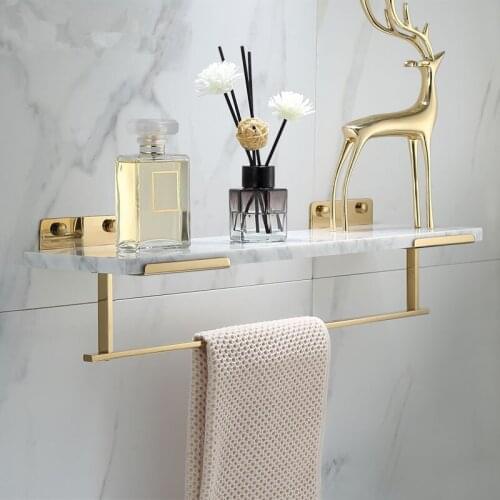 Bathroom Shelf with Towel Bar Bath Shower Shelf White Marble Gold Bath Shampoo Holder Brass Bathroom Storage