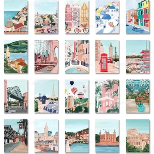 Cartoon Famous City Landscape Travel Poster and Prints Rome Dubai Tokyo Canvas Paintings for Home Cuadros Decoration Pictures