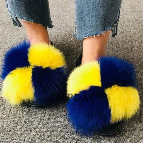 Kids/Childrens Raccoon Fur Slides Woman Real Fox Fur Slippers Female Plush Flip Flops Womens Fluffy Furry Sandals Home Shoes