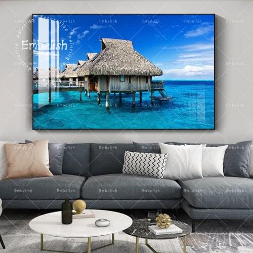 Embelish 1 Pieces Tropical Ocean Island Hut Landscape Wall Posters For Living Room Home Decor HD Canvas Paintings Picture Framed