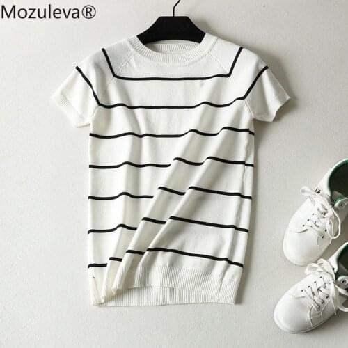 Mozuleva Women O-Neck Striped Print Knitted Shits Short Sleeve 2021 Summer Casual T-Shirt New Fashion Pullover Basic Tops
