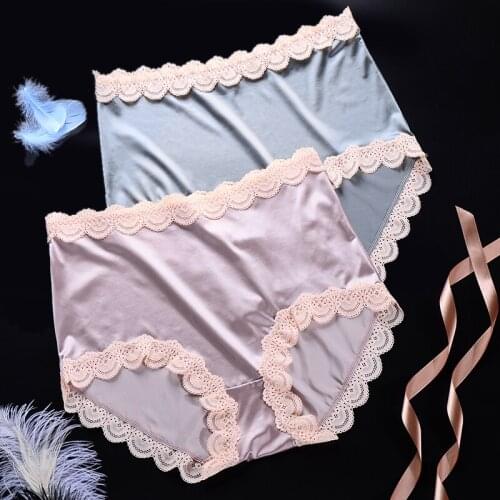 Womens Satin Panties Large Sizes New Sexy Lace Ruffles Silky Traceless High Waist Seamless Panties Plus Size Female Underwear