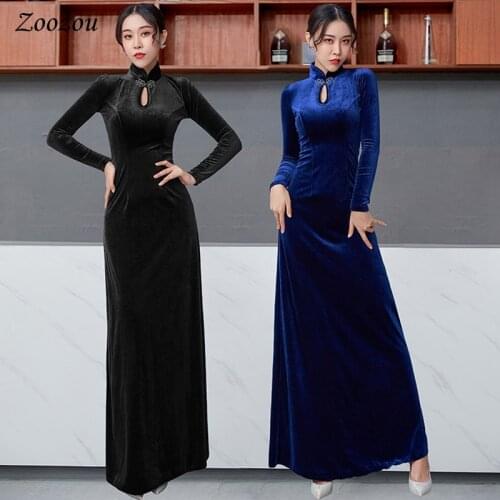 Women Elegant Party Velvet Dress Evening Gown Autumn Winter Long Sleeve Maxi Dresses Prom Party Nightclub Qipao Cheongsam Dress
