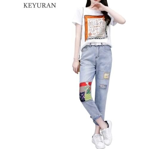 2021 Woman Fashion Print Cotton Short Sleeve T-Shirt Tops + Jeans 2 Pieces Sets New Summer Casual Hole Womens Denim Pants Suit
