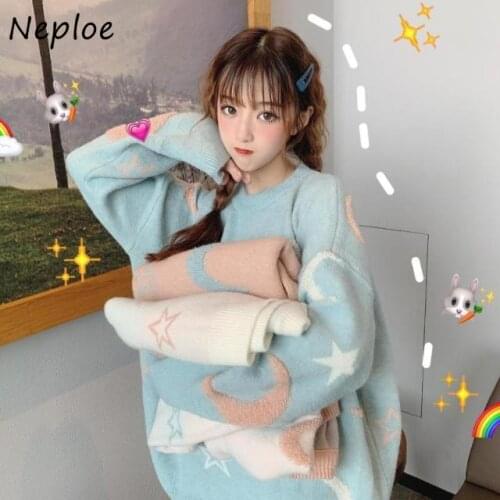 Neploe Stars Moon Printed O-neck Women Sweater Spring Autumn Fashion Sweet Girls Knitted Pullover Loose Outer Wear Sweater Mujer