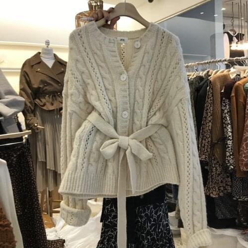 Women Knit Cardigan Twist Korean Sashes Slim Waist Sweater Coat 2020 Autumn Single Breasted O-neck Jacket Kintwear