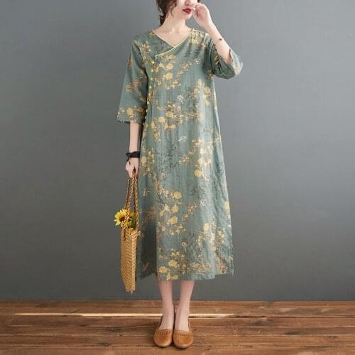 2021 Summer Women Printed Bohemian Dress National Style Sundress Vintage Cotton Dresses Loose Ladies Casual Vestidos Plus Size