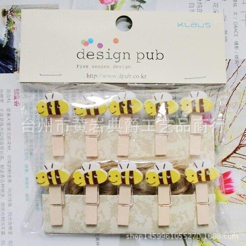 10pcs/lot Kawaii Cartoon Bee Wooden Clip Photo paper Clothespin Craft Clips Party Decoration Clip with Hemp Rope