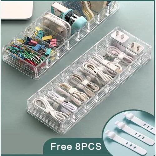 8 Grids Desktop Data Charging Cable Earphone Storage Box Drawer Sorting Boxes with 8pcs Silicone Cable Management Straps