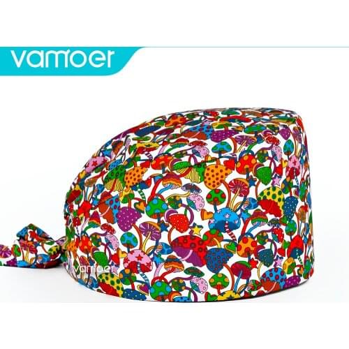 Pharmacy hat Small mushroom printing adjustable pet beauty care nurse scrub hat lab work cap wholesale pure cotton female cap