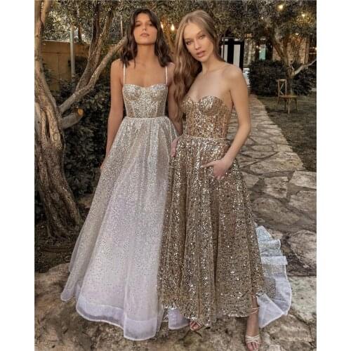 Sparkly Gold Prom Dresses Sweetheart Spaghetti Straps A Line Tea Length Evening Party Gown With Pockets 2021