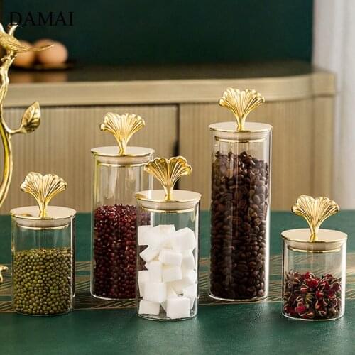 Ginkgo Biloba Decorative Storage Jars with Lid European Gilded Craft Glass Bottle Grain Dispenser Sealed Snacks Jar Home Decor