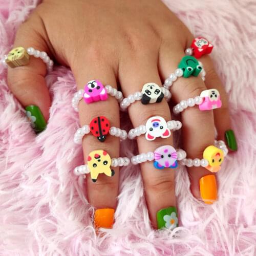Cute Cartoon Animal Beaded Rings For Women Trendy Minimalist Imitation Pearls Elasticity Ring Summer Girls Birthday Jewelry Gift