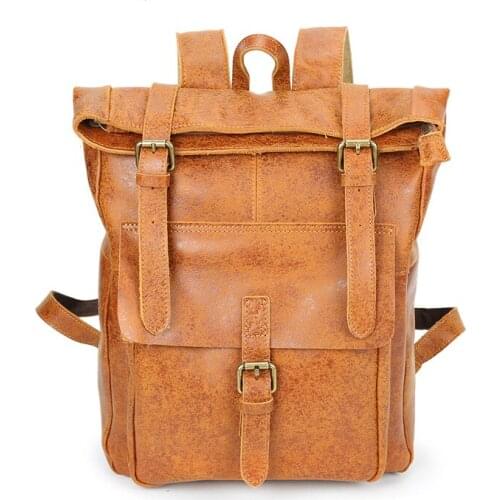 Fashion Genuine Leather Cowhide Oil Wax Backpack Women Men Bags Backpack Girls School Bags Zipper Leather Backpack for Laptop