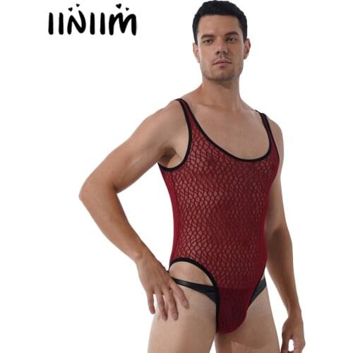 Mens Lingerie Hot Wrestling Singlet Athletic Leotard Nightwear See-through Mesh Bodysuit Underwear Round Neck Sleeveless Teddies