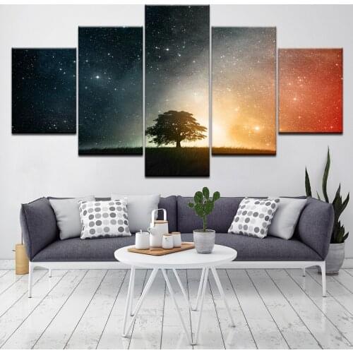 The tree with Starry sky landscape 5 Piece Canvas Wallpapers modern Poster Modular art painting for Living Room Home Decor