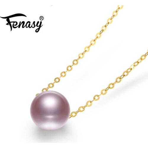 FENASY 18K Gold Pendant Natural Freshwater Round Purple Pearl Au750 Yellow Gold Necklaces For Women Wedding Engagement Jewelry
