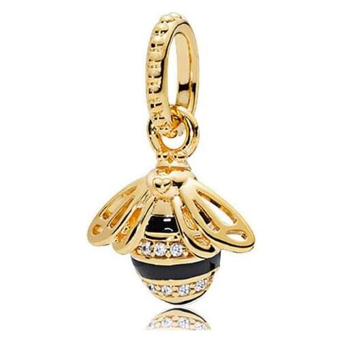 Genuine 925 Sterling Silver Bead Charm Black Enamel Gold Color Shine Queen Bee Pendant Fit Pan Bracelet & Necklace Jewelry