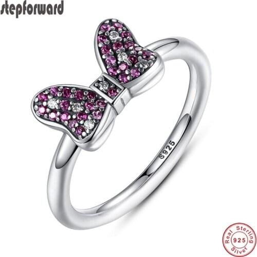 Popular Cute Cartoon Pink Stone Bowknot Design 100% 925 Sterling Silver Bowknot Ring for women