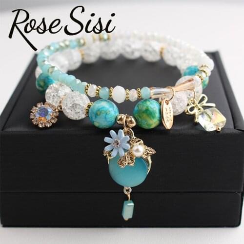 Rose sisi Korean style wrist bracelet for woman fresh and cute glass womens beads opal pendant 2-piece bracelets for women