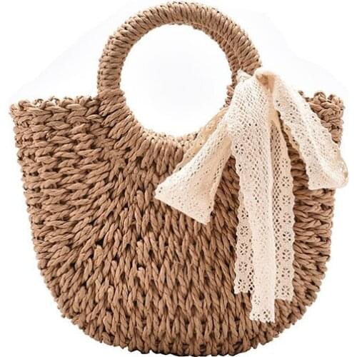 New Straw Bag Women Hand-Woven Handbag Moon Shape Rattan Bag Big Capacity Drawstring Casual Travel Beach Shoulder Bag
