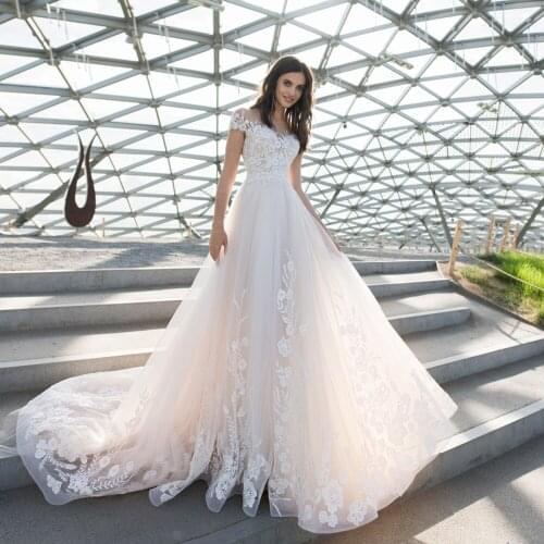 UZN Elegant A-Line Wedding Dress Scoop Neck Short Sleeves Beading Lace Appliques Bridal Gown Sexy Tulle Brides Dress With Belt