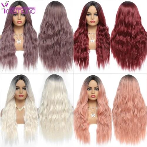 Y Demand Long Wavy Womens Wig Natural Part Side 4 Colors Ombre Synthetic Wigs Beige/Purple/Pink Wigs Heat Resistant for Women