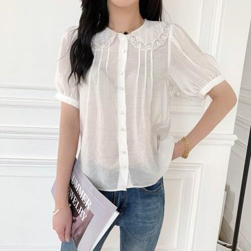 2021 Summer Women Blouses Top Fashion Elegant Clothes Puff Sleeve Chiffon Lace Collar Princess Slim Shirts Purple Shirt Vestido