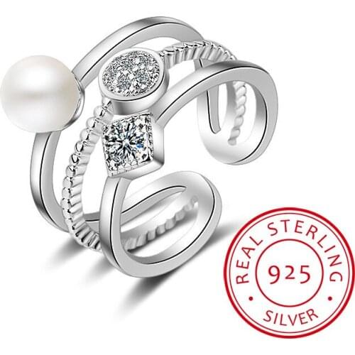925 Sterling Silver Rings For Women Trendy Multi-layer Pearl Mosaic CZ Zirconia Resizable Rings bague femme S-R217