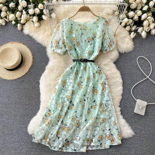 2021 New Summer Runway Embroidery Flowers Lace Dress High Quality Short Sleeve Vintage Party Dress Womens Clothings N66766