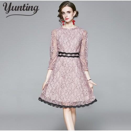 Vintage Patchwork Lace Floral Dress For Women Long Sleeve High Waist A Line Oversized Dresses Female 2021 New