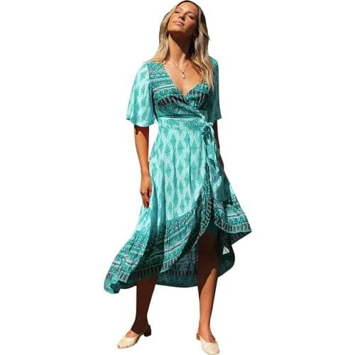 Fashion Spring Summer Women Retro Print V-Neck Lace Short Sleeve Poplin Dresses Bohemian Asymmetrical Short Sleeve Ladies Dress