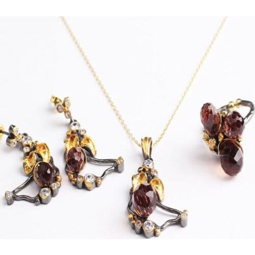 Zultanite Leaf Jewelry Set Gold Plated, Woman Silver Zultanite Ring+Necklace+Earrings, Handmade Woman Silver