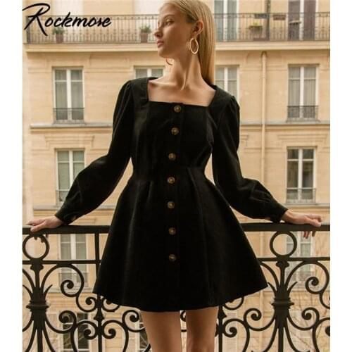 Rockmore Corduroy Retro Court Dresses Women 90S Streetwear Long Sleeve Midi Dress Square Collar Evening Party Elegant Female